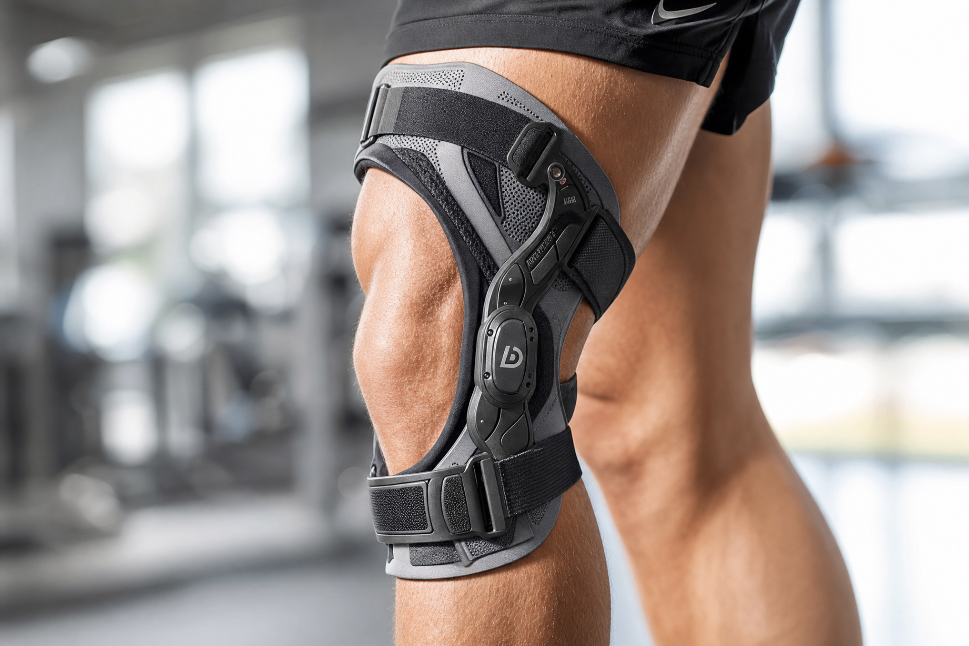 Close-up of a knee wearing an orthopedic support brace
