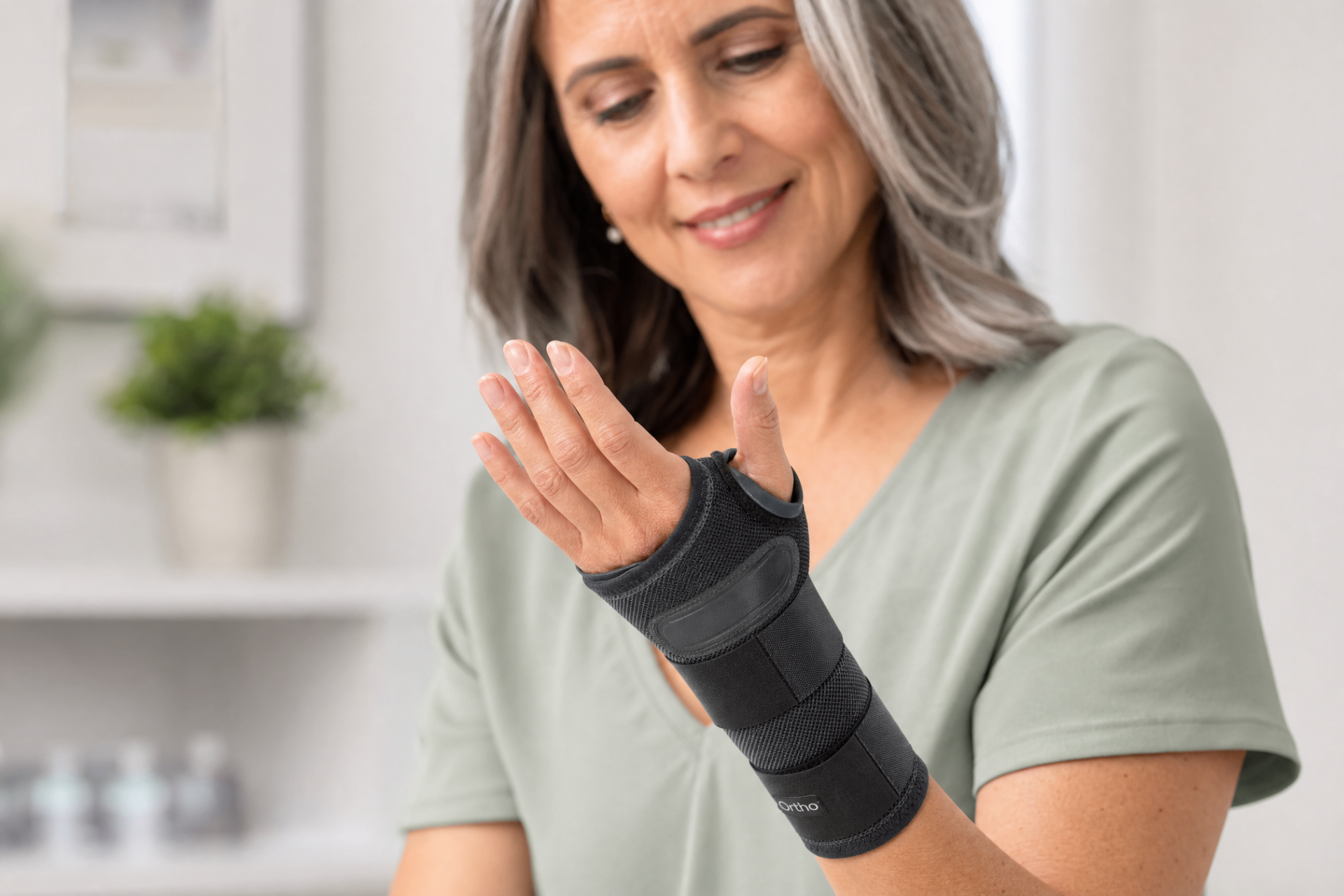 Person wearing a wrist and hand support brace in a rehabilitation clinic